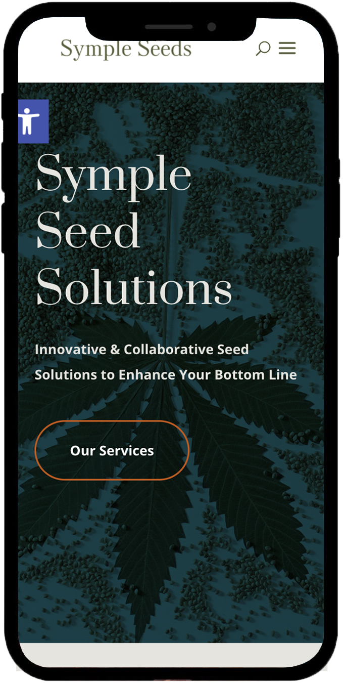 A mobile phone displaying the homepage for Symple Seeds Solutions, a hemp seed website. The background is hemp leaves and seeds overlaid with dark green.