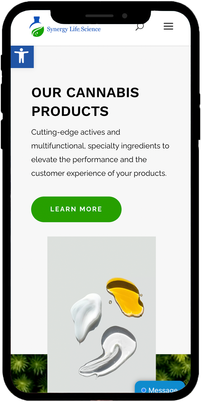 A mobile responsive website for Synergy Life Science with the heading "Our Cannabis Products" at the top. The site is clean, crisp and showcases minimalist cannabis ingredient photography.