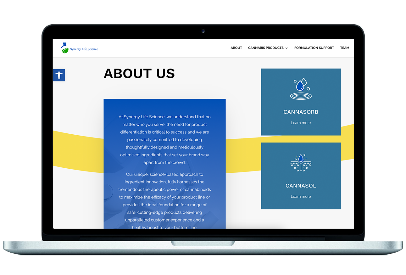 Desktop version of the 'About Us' page for Synergy Life Science, a cannabis industry business. The background is white with a graphic yellow swoosh. Blocks of blue create the layout for text and buttons.