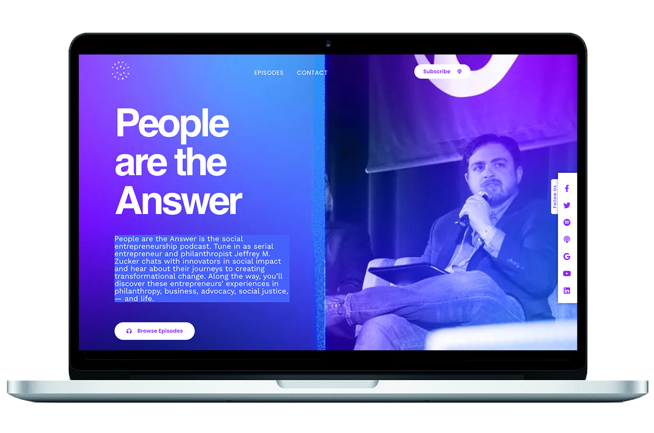 A web design for a podcast called People Are the Answer, which showcases cool color tones. 