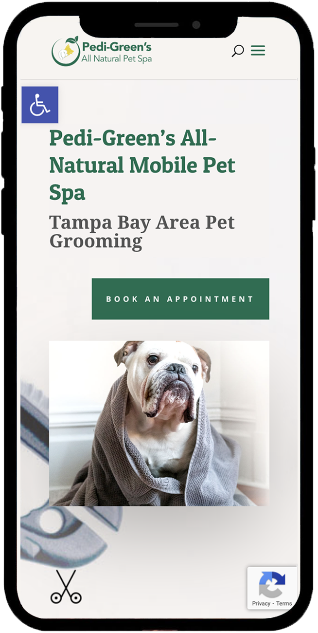 Mobile responsive website built for a pet groomer. The color palette is dark green with neutral tones and a background of grooming tools is overlaid with a picture of a bull dog.