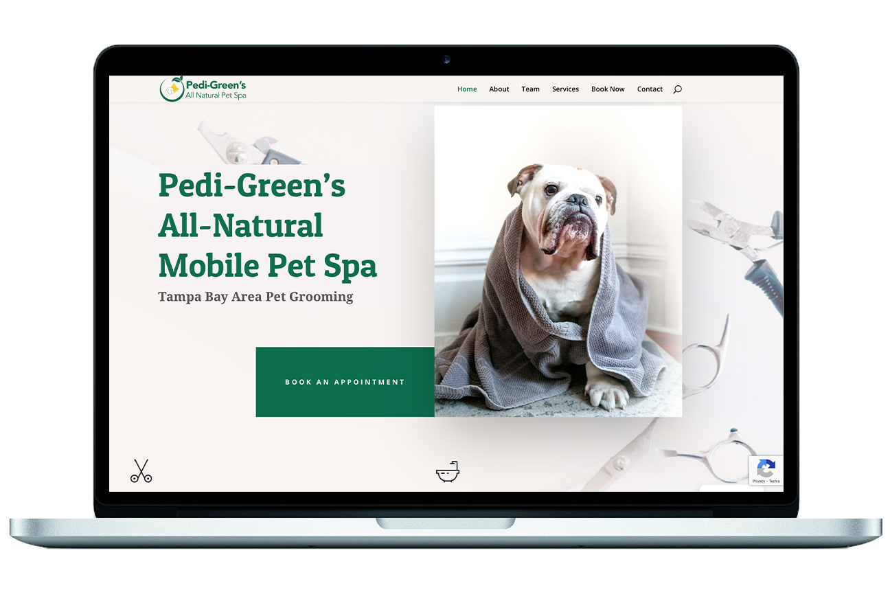 Web design for a natural mobile pet grooming website with a picture of a bulldog on the right and a header that reads "Pedi-Green's All-Natural Mobile Pet Spa."