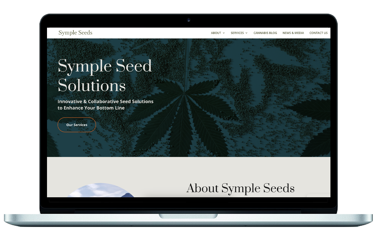 A laptop displaying an earthy, but professional website design for a hemp seed business. The color palette is green, beige and orange. The hero background image is cannabis leaves and seeds overlaid with green.