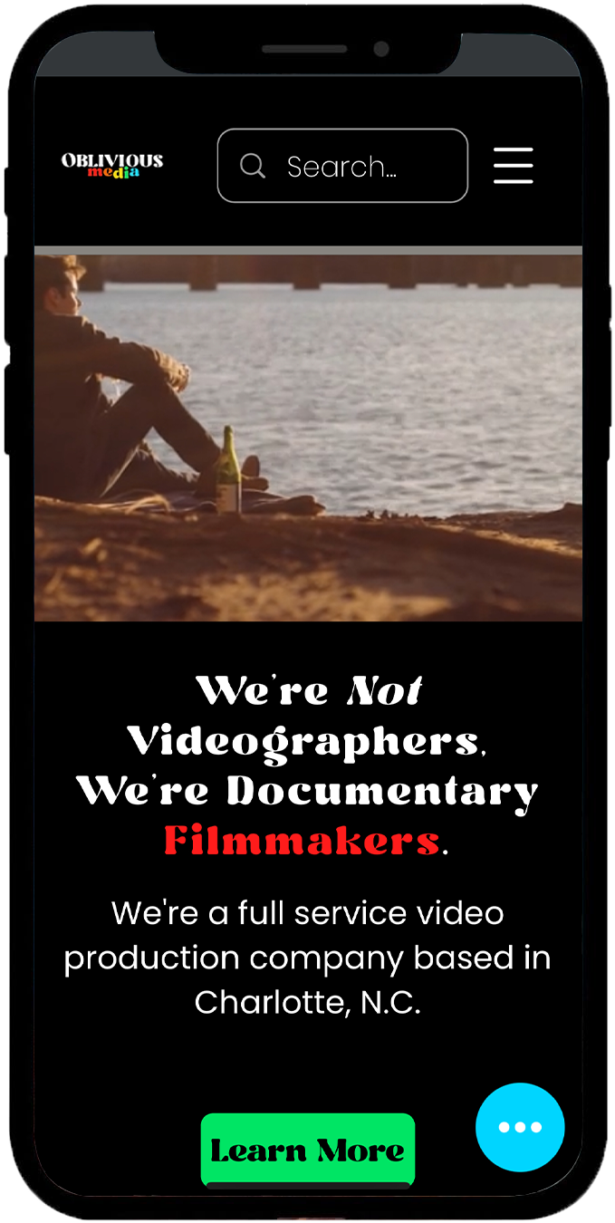 Web design on a mobile device with dark background, pops of color, and a hero video. The header reads, "We're Not Videographers, We're Documentary Filmmakers".